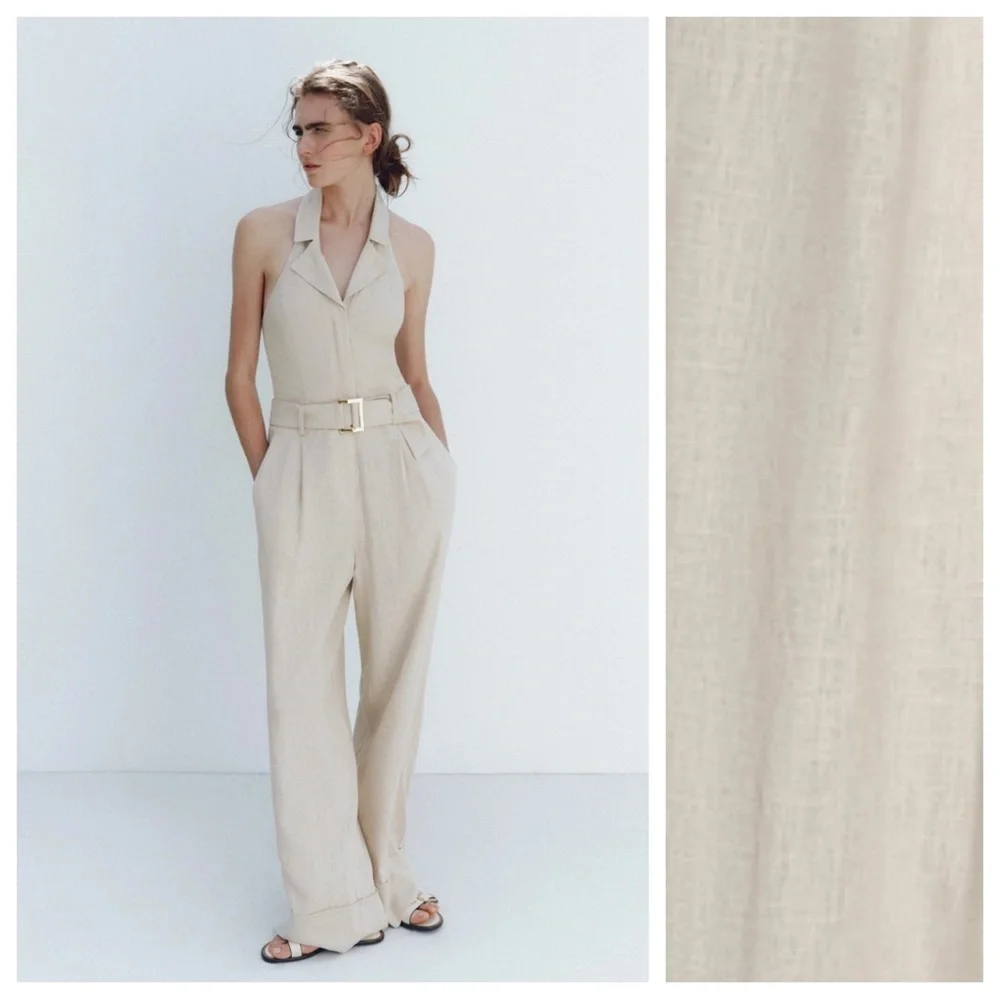 NWT. Zara Sand Linen-Blend Jumpsuit with Belt. Size S.